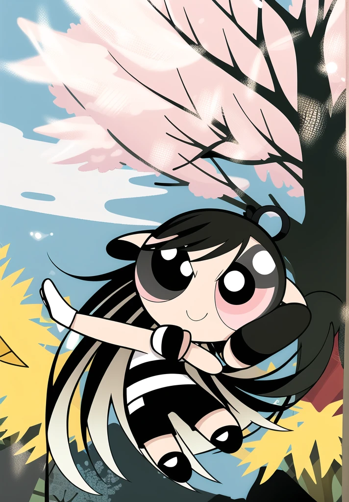 (long hair, gradient hair, black white hair), smile, chibi, 1girl, black eyes, gloves, jewelry, shorts, black shorts, asymmetrical gloves, big blossom tree background,