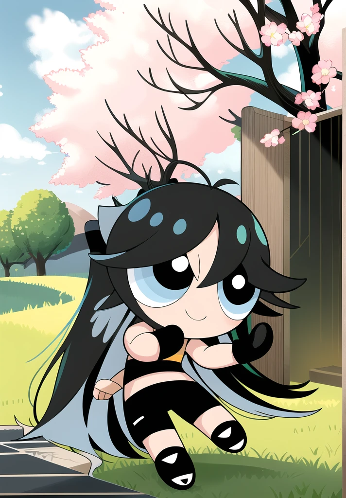 (long hair, gradient hair, black white hair), smile, chibi, 1girl,  black eyes, gloves, jewelry, shorts, black shorts, asymmetrical gloves, big blossom tree background,