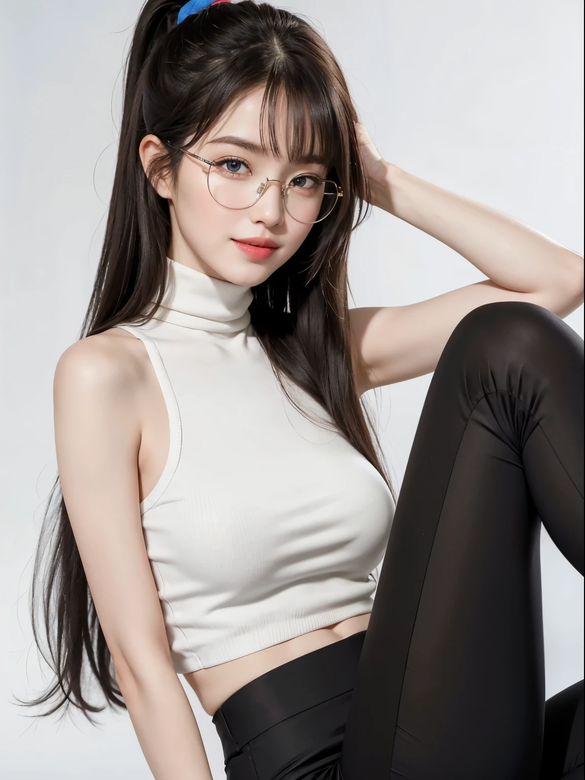 (Best quality, masterpiece, detailed), (RAW, 4k, hd images), 1 girl, , white skin, long hair, ponytail, layers hair, bangs, black hair, beautiful girl, cute girl, sweet girl, pretty girl, perfect girl, perfect body, pretty eyes, blue eyes, thin lips, (eye line, lip soft), perfect round breast, glasses(detailed frame), simple background, smile, thigh, legs, sleeveless turtleneck, pants, full body, modeling pose, free style pose, random angle capture
