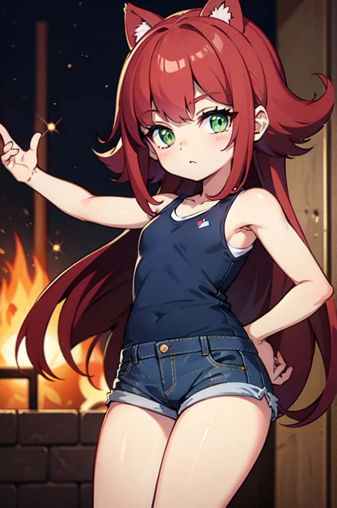 , , , denim shorts, White tank top:1, red hair, green eyes, annie, big thighs,