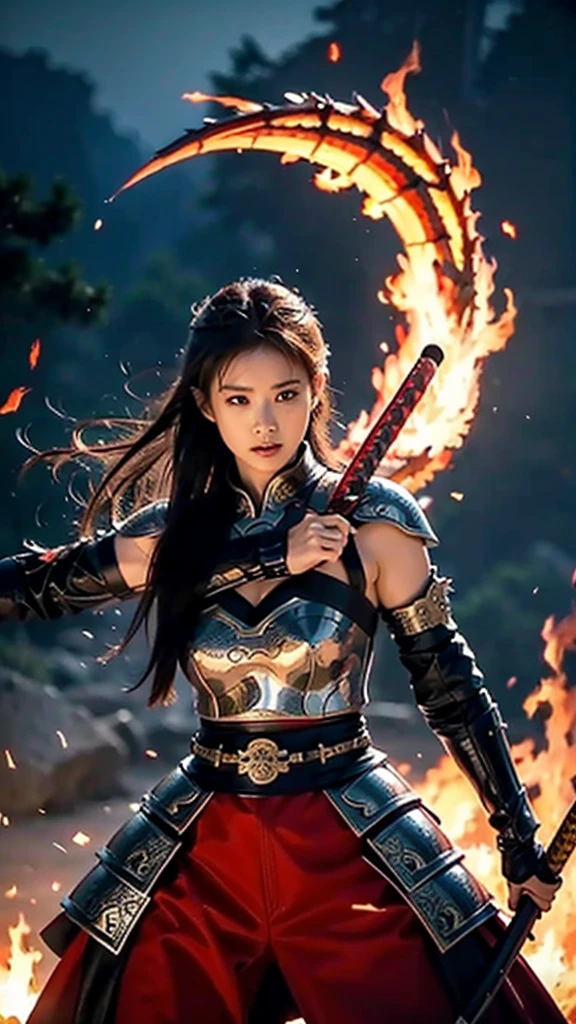 women With strong armor.
holding a long, drawn katana.
a huge dragon is seen spewing fierce flames.
dramatic background of fantasy warfare, dim light, flaming fire effect.