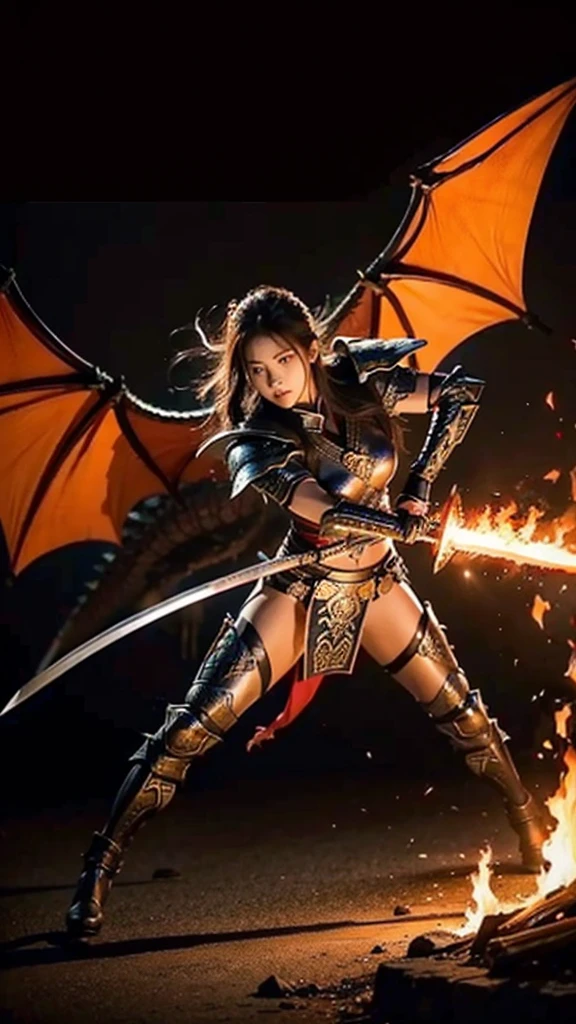 women With strong armor.
holding a long, drawn katana.
a huge dragon is seen spewing fierce flames.
dramatic background of fantasy warfare, dim light, flaming fire effect.