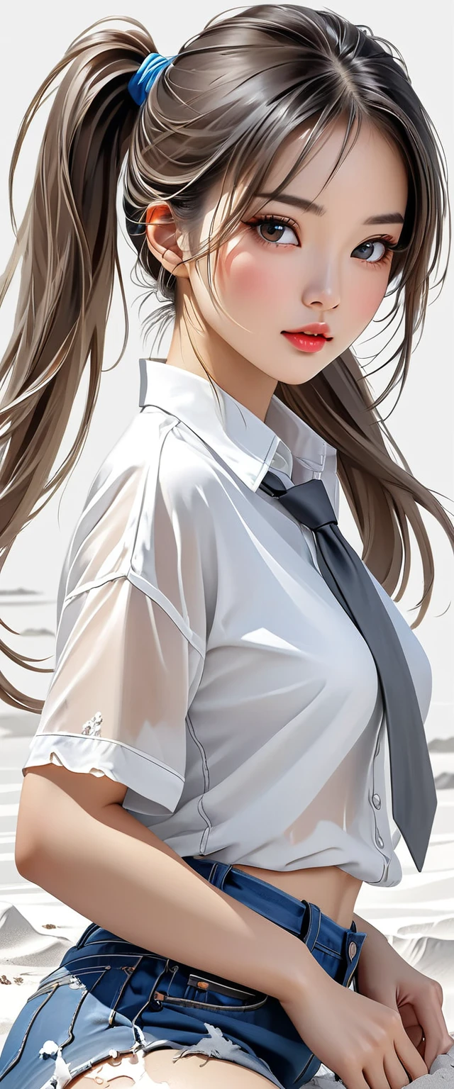 Oriental beautiful girl,White transparent real-life painting,Color splash rendering,Facial texture is clear,Long brown hair with silvery white and dark gray highlights.Tie double ponytails on both sides,loose white shirt,Blue distressed denim shorts,White sand background,messy strokes.Close-up of character( Perfect anatomical structure ) Beautiful and extremely fine texture,detailed, bright, Animation style high definition and high quality presentation