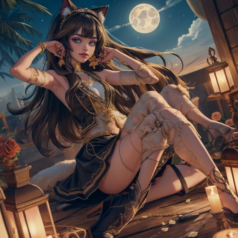  1girl, centered, a girl with a light brown skinny, cowboy shot, solo, brown hair, long hair, wave hair, Egyptian aesthetic, black shirt, black skirt, blue knee boots, smiling, Egypt style, Egypt scenery, gold lanterns, white roses, full moon,  depth of field, cinematic composition, night, white roses, smile, gold jewelry, jewelry, Egypt Pyramids scene, desert, white roses on focus, Cleo de Nilo_(monster high), Monster High, looking at the viewer, more details on the clothes, petals in the air, two arms, two legs, two hands, five fingers, Egypt Pyramids scene, desert, 1girl, black maid dress, jewelry, brown hair, flowing hair, long hair, maid dress with a short skirt and layers, blue laces, blue boots, black dress with transparency, gold details on her clothes, cat ears, animal ears,  more details, perfectly body, perfectly hands, two hands, two legs, two arms, five fingers, glowing hair, best quality, alone, maid headdress, choker, detached sleeves, maid dress, maid black dress, strapless, masterpiece, best quality, detailed face, night, asymmetrical gloves, bangs, black short skirt , black gloves, white boots, earrings, elbow gloves, fishnet thighhighs, fish masterpiece, solo, best quality, detailed face, gloves, hair between eyes, jewelry, long hair, looking at viewer, single earring, sky, sleeveless, solo, thigh boots, thigh highs, uneven gloves, solo, alone, Looking at the viewer, More details on the clothes, white roses on her hair, Egypt Pyramids scene, desert, maid, maid dress, golden details, white roses, maid headdress, maid apron, long hair