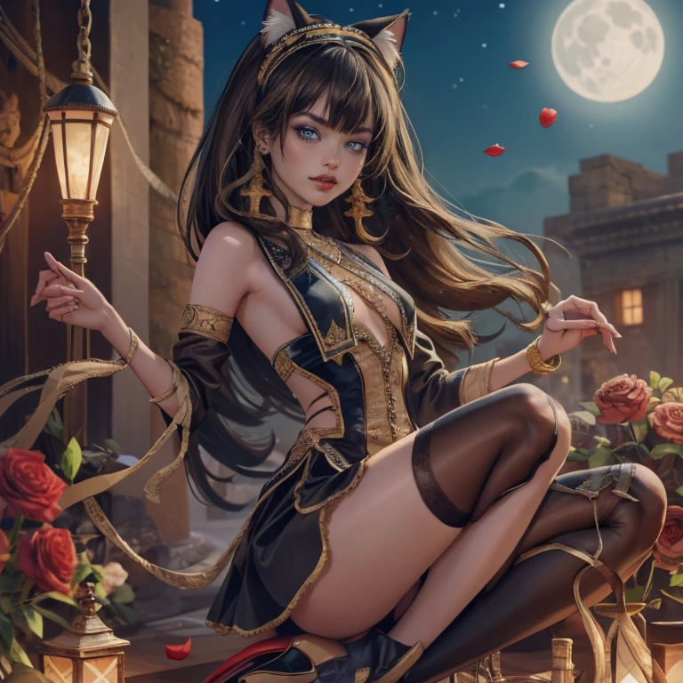  1girl, centered, a girl with a light brown skinny, cowboy shot, solo, brown hair, long hair, wave hair, Egyptian aesthetic, black shirt, black skirt, blue knee boots, smiling, Egypt style, Egypt scenery, gold lanterns, white roses, full moon,  depth of field, cinematic composition, night, white roses, smile, gold jewelry, jewelry, Egypt Pyramids scene, desert, white roses on focus, Cleo de Nilo_(monster high), Monster High, looking at the viewer, more details on the clothes, petals in the air, two arms, two legs, two hands, five fingers, Egypt Pyramids scene, desert, 1girl, black maid dress, jewelry, brown hair, flowing hair, long hair, maid dress with a short skirt and layers, blue laces, blue boots, black dress with transparency, gold details on her clothes, cat ears, animal ears,  more details, perfectly body, perfectly hands, two hands, two legs, two arms, five fingers, glowing hair, best quality, alone, maid headdress, choker, detached sleeves, maid dress, maid black dress, strapless, masterpiece, best quality, detailed face, night, asymmetrical gloves, bangs, black short skirt , black gloves, white boots, earrings, elbow gloves, fishnet thighhighs, fish masterpiece, solo, best quality, detailed face, gloves, hair between eyes, jewelry, long hair, looking at viewer, single earring, sky, sleeveless, solo, thigh boots, thigh highs, uneven gloves, solo, alone, Looking at the viewer, More details on the clothes, white roses on her hair, Egypt Pyramids scene, desert, maid, maid dress, golden details, white roses, maid headdress, maid apron, long hair