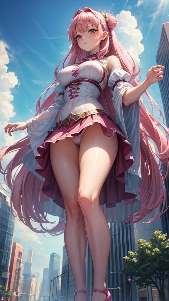 (masterpiece, highest quality, ultra high res, ultra detailed:1.3), 1 (gigant) girl, pink medium hair, small breast, (15m tall:1.7), from below, mini skirt, panties visible, outdoors, miniature city,
