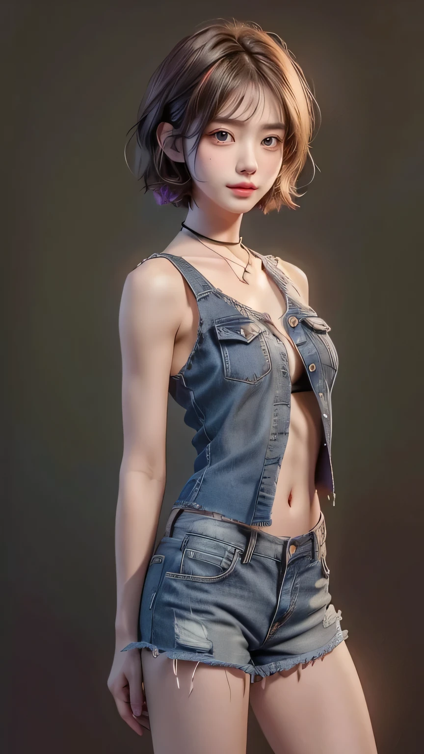 ((large breast, tomboy girl,)), (chiseled abs : 1.1), (perfect body : 1.1), (short wavy hair : 1.2) , auburn hair, collar, chain, full body shot, crowded street, wearing tanktop, jeans jacket, (torn clothes:1.3)((shorts)), (extremely detailed CG 8k wallpaper), (an extremely delicate and beautiful), (masterpiece), (best quality:1.0), (ultra highres:1.0), beautiful lighting ,perfect lightning, realistic shadows, [highres], detailed skin, ultra-detailed (((colorful))),high realistic,