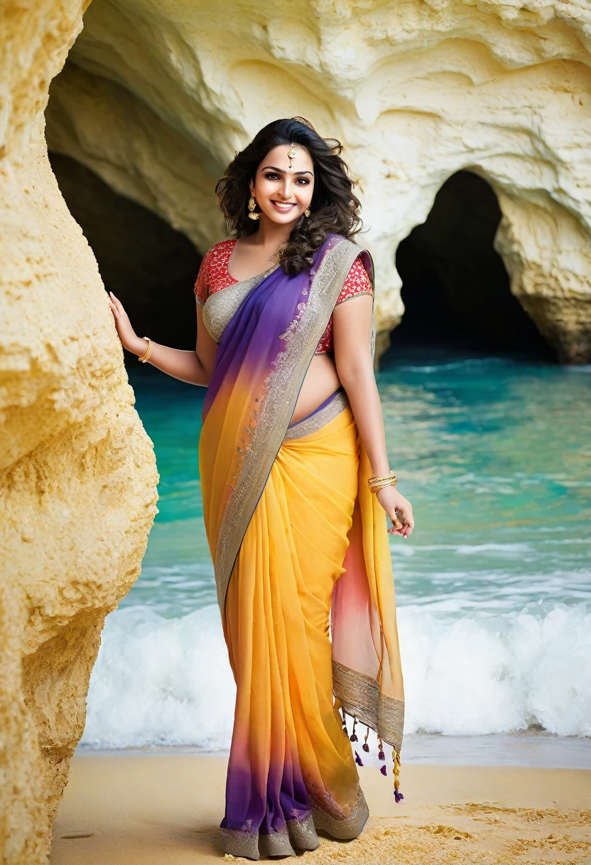 1 Heavenly beautiful and goddess beauty cute and sweet looking face Arabian woman in Benagil Sea Cave in Portugal, Heavenly beautiful Overweight, Heavenly beautiful Extremely fat, Heavenly beautiful and attractive Chubby figure , Heavenly beautiful looking and eye catching luxury style traditional Indian saree , reaching out, Heavenly beautiful Arabian woman, 16k, High resolution, masterpiece, highest quality, fine skin, outside view, Realistic Photograph, close up figure view, Heavenly beautiful smile face