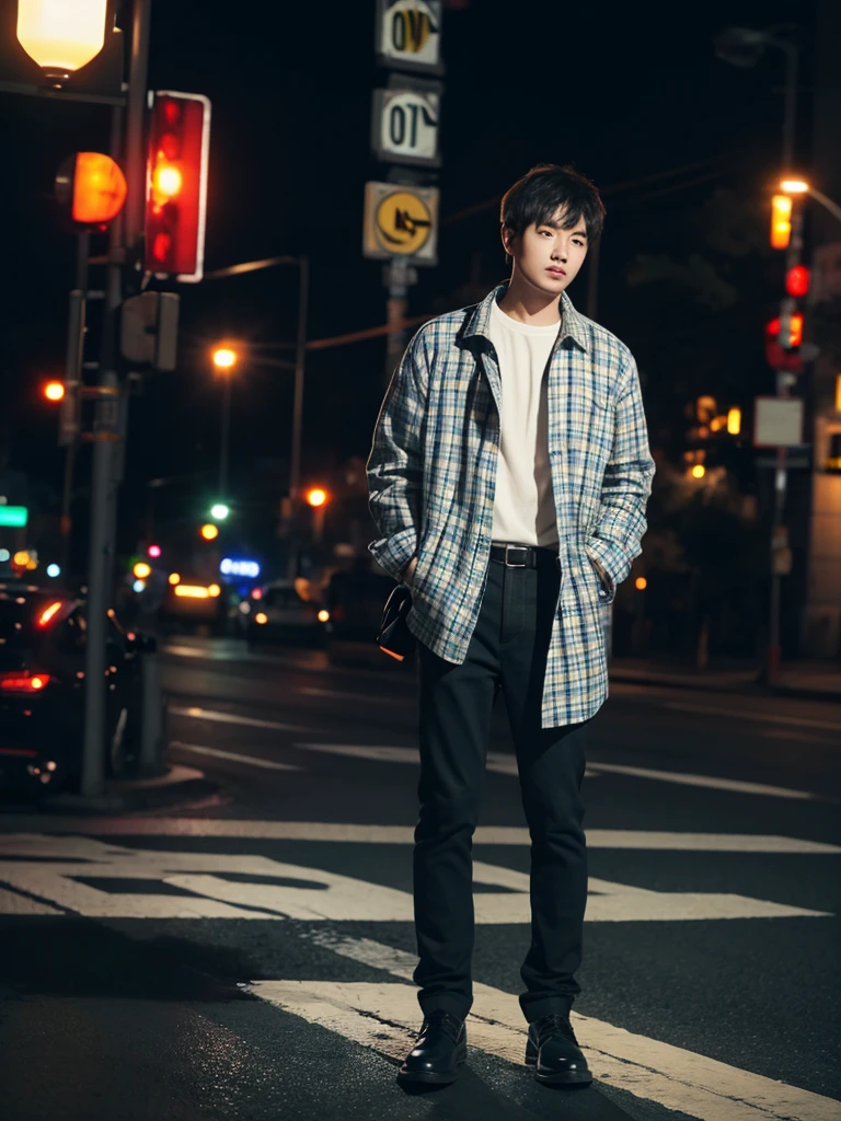 1 men, full body, flanel, night, traffic signlights, ultra detail, ultra resolution