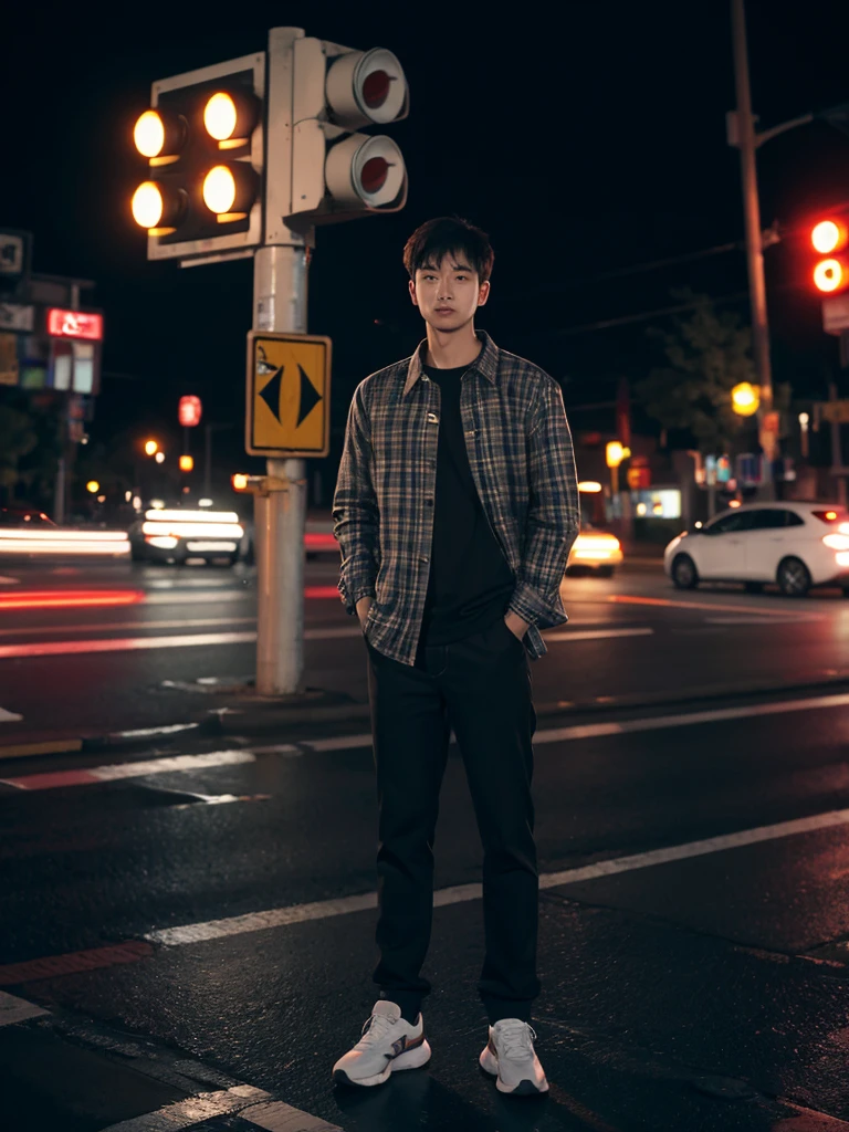 1 men, full body, flanel, night, traffic signlights, ultra detail, ultra resolution