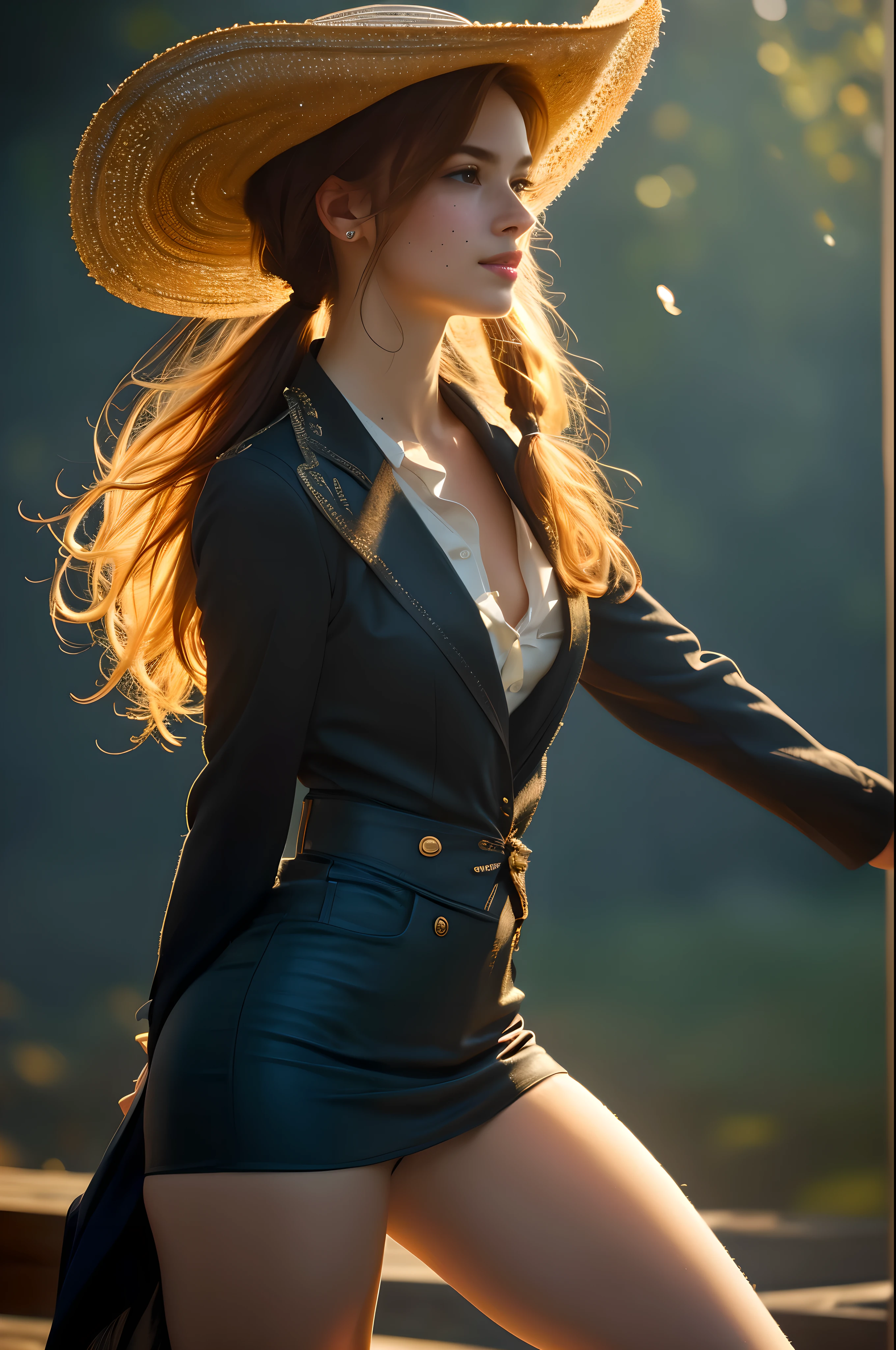 Create a breathtaking 16K resolution masterpiece with intricate and extremely detailed photorealism, capturing the essence of a beauty shot. The image should appear as if it was taken with a Fujifilm X-T4 camera using a soft focus filter, inspired by the style of Anne Brigman. | The subject is a stunning 20-year-old American supermodel beauty, with red hair, a sexy freckles, and ultra-realistic skin, eye, and hair textures. Her face should exhibit attractive proportions following the golden ratio, with clear double eyelids, big eyes, and delicately glossed pale lips. | She is dressed in stylish cowboy attire, including a cowboy hat and a blazer, standing in a serene, empty ranch. She is grinning and exuding confidence, with a dynamic and exciting pose that captures her dancing and moving boldly. The soft lighting adds a serene and artistic touch to the scene. | Capture her entire body in a perfect pose, looking dreamily into the distance, emphasizing her perfect fingers, legs, and hands. The composition should highlight her as a fashion model with an artistic body, radiating beauty and grace. | Rendered in ultra-high definition with UHD and retina quality, this masterpiece ensures anatomical correctness and textured skin with super detail. With a focus on high quality and accuracy, this award-winning portrayal captures every nuance in stunning 16k resolution, immersing viewers in its lifelike depiction. | ((braided twin tails hairstyle):1.1), ((cowboy hat):1.1), ((fancy handgloves):1.1) | (((anatomical correctness))), (((perfect_fingers))), (((perfect_legs))), (((perfect_hands))), ((perfect_composition, perfect_design, perfect_layout, perfect_detail, ultra_detailed)), ((enhance_all, fix_everything)), More Detail, Enhance.