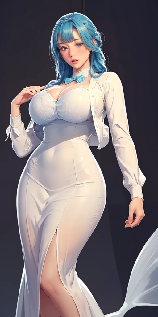 (((Perfect body,White and tender skin,(((Mermaid skirt,fishtaildress,Light blue dress,White wool cardigan))),(((hyuugahin, "black long hair", blue eyes,blunt bangs))),((masterpiece)),high resolution, ((Best quality at best)),masterpiece,quality,Best quality,((( Exquisite facial features,Looking at the audience,There is light in the eyes,blush,Happy,lol))),))),(((Light and shadow,Huge breasts,))),(((Looking at the camera,black background))))