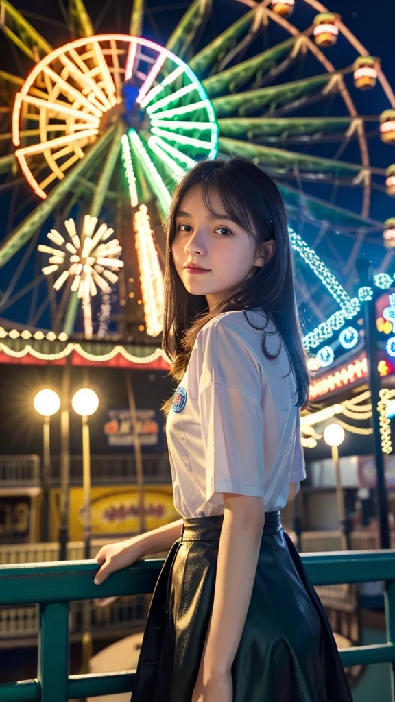 ((best quality)), ((masterpiece)), (detailed), 1girl, , standing at the amusement park in front of the giant wheel or ferris wheel, and see the fireworks on the sky beautiful green and blue fireworks, night view, 8K UHD