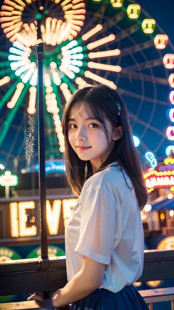 ((best quality)), ((masterpiece)), (detailed), 1girl, 16 years old, standing at the amusement park in front of the giant wheel or ferris wheel, and see the fireworks on the sky beautiful green and blue fireworks, night view, 8K UHD