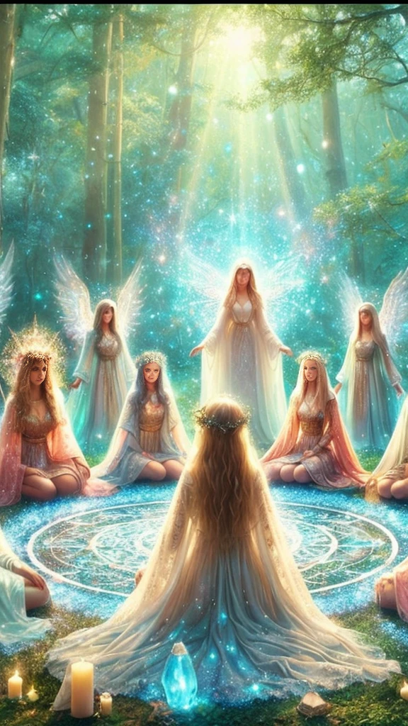 a group of women sitting in a circle surrounded by angels in the woods with candles around them and a candle lit area, Anne Stokes, fantasy art, divinity, a storybook illustration