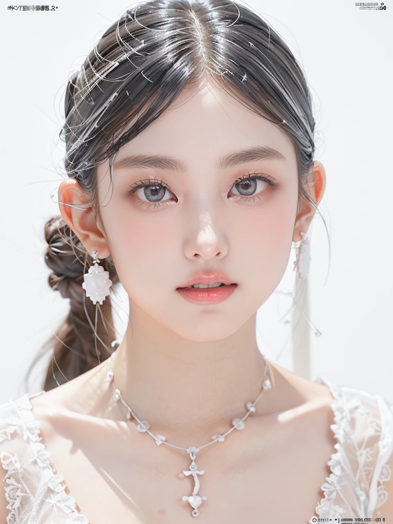 White Background、Professional Lighting、(((Professional Lighting 1.5)))、Translucent skin texture、Beautiful Skin、Beautiful Skin、、(((Whitening 1.5)))、White dress、See through、、??????? of Musical Notes、((White dress1.5))、See through1.5、Bust up photo、Simple earrings and necklace、Fluttering Hair、