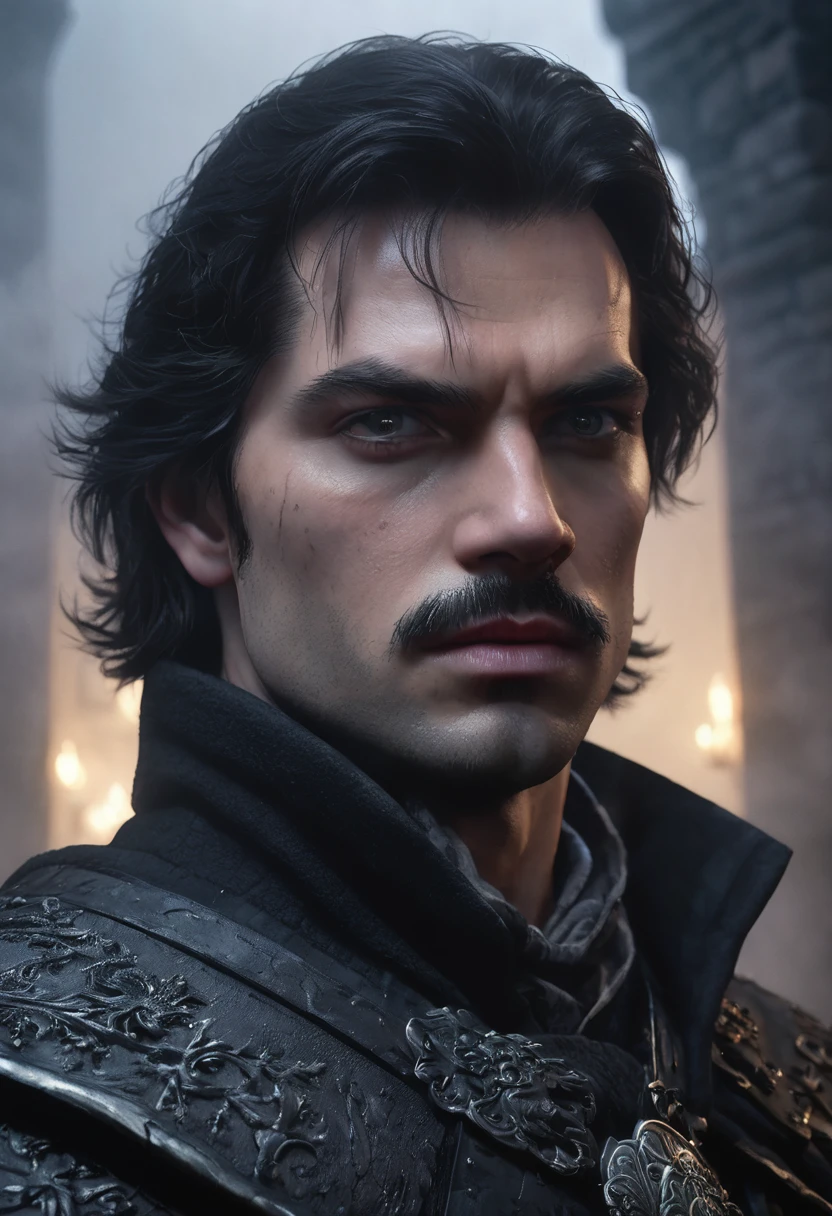 1 man, inside obscure castle, wearing black, detailed facial features, beautiful black eyes, detailed light colored skin, medium dark hair, strong expression, dramatic lighting, cinematic composition, cold and dark color palette, atmospheric fog, strong chin , manly man (best quality,4K,8K,high resolution,Artwork:1.2),ultra-detailed,(realistic,photorealistic,photo-realistic:1.37)