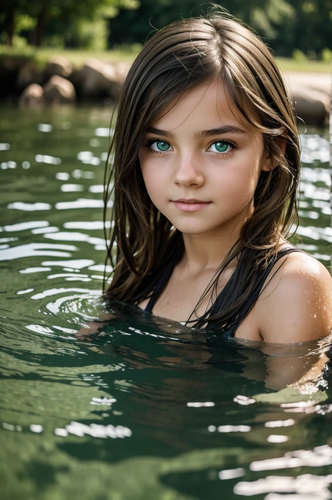 A young girl with green eyes coming out of the water