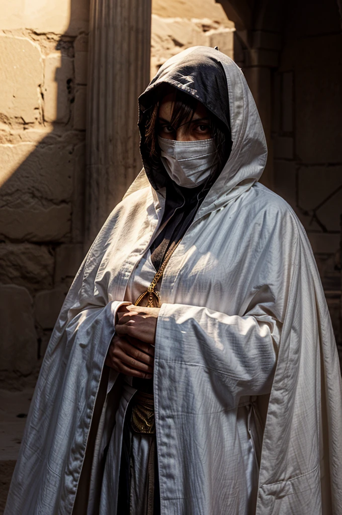 Illustration of an assassin against the background of sands in a white robe, with a covered face and with a touch of mysticism