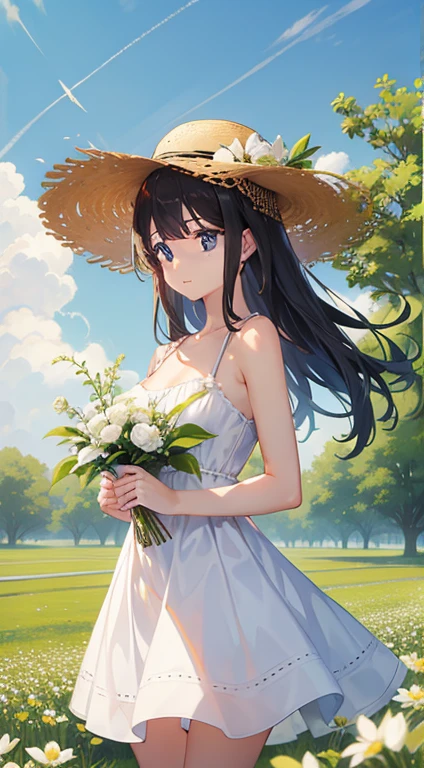 Beautiful girl wearing a white dress、Super mini dress、、Cleavage、Bare shoulders、Run、Straw hat、Flower Field