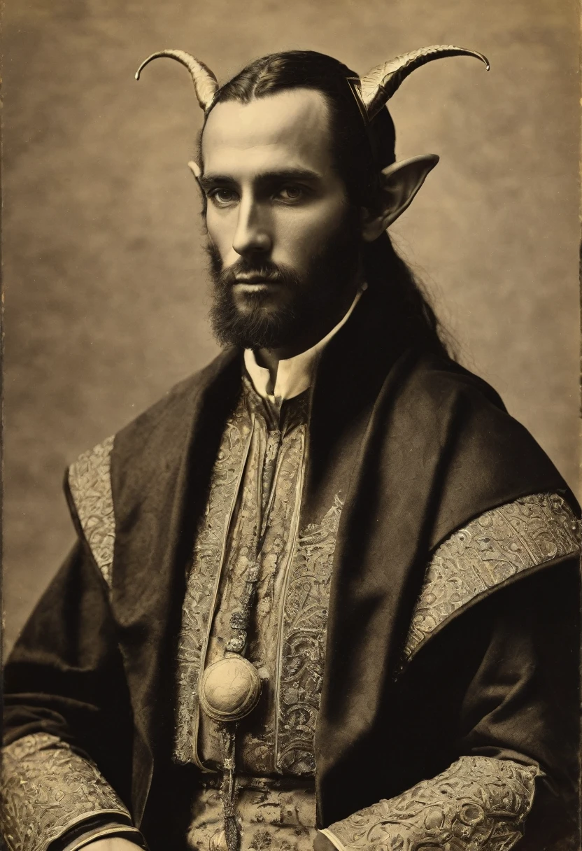 (((Masterpiece, daguerreotype on old paper, monochrome))), by Moebius, by Théodore Géricault, the composition is: ((25 year old male Babylonian high elf scientist, elf ears, Mesopotamian beard, sullen, arrogant, magnificent, he is wearing futurist brass art déco costume)).