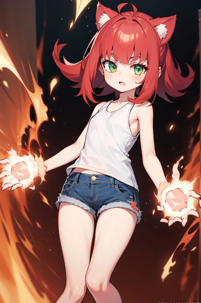 Red hair, green eyes, Anniedef, short hair, naked, white background, smoll stature, flat cheast, flat tits, show pussy, unclothed. medium thighs, small breasts, Open mouth, small stomach, curvy waist, round butt, show tits, small belly, clear skin, 1 girl, cute girl, smoll tits, curvy waist, good butt, purple shirt, black eyeshadow, baggy eyes, fake bear ears, flame, angry, look at viewer, fringe hair, one girl, pink pussy, angry, pink backpack, one girl, 1 girl, 1 girl, one girl