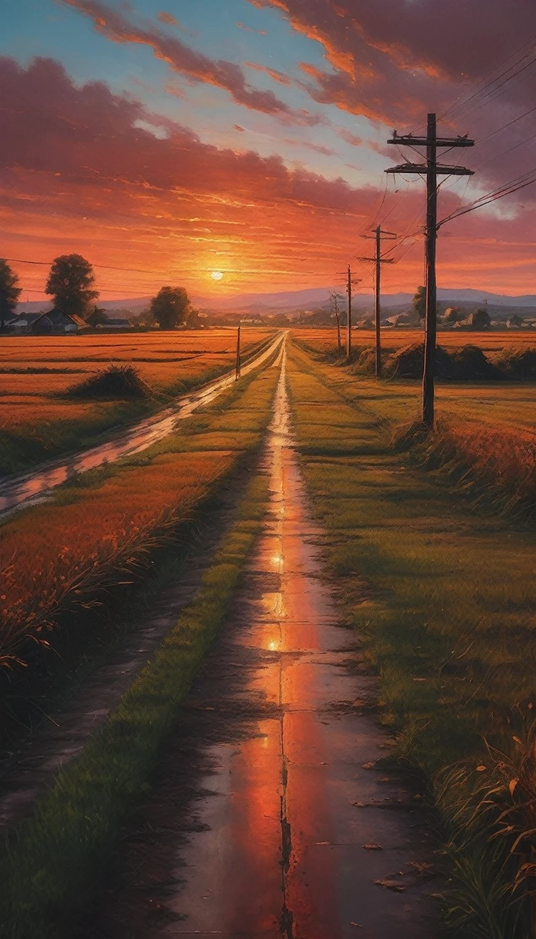 long sidewalk between fields in countryside, beautiful sunset, dragonfly flying, red sky, telephone poles randomly appearing, nostalgic, intricate details, highly detailed, realistic, super detailed, 8k, masterpiece, dramatic lighting, warm colors, vivid colors, film-like, picturesque, atmospheric, quiet landscape