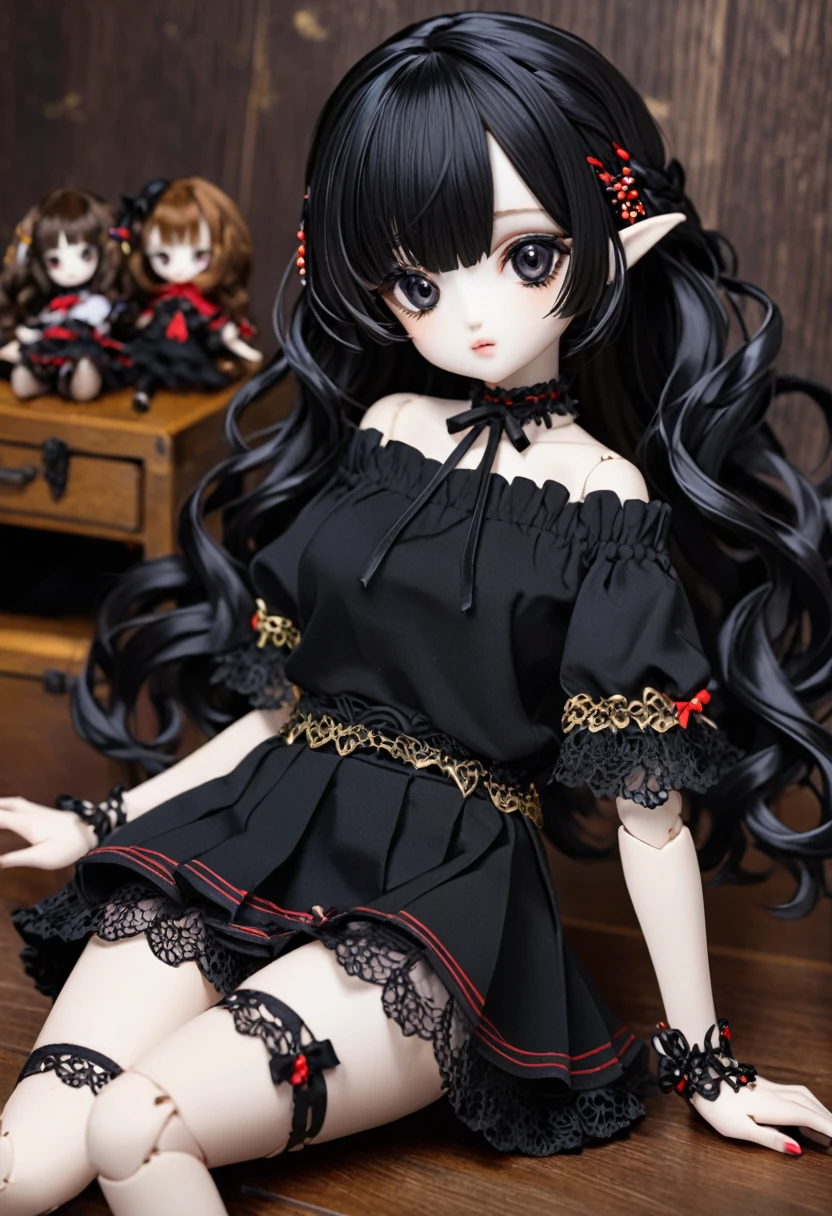 Ball jointed doll、、Off-the-shoulder short-sleeve mini skirt、Dark Eyes、Black Hair、whole body 