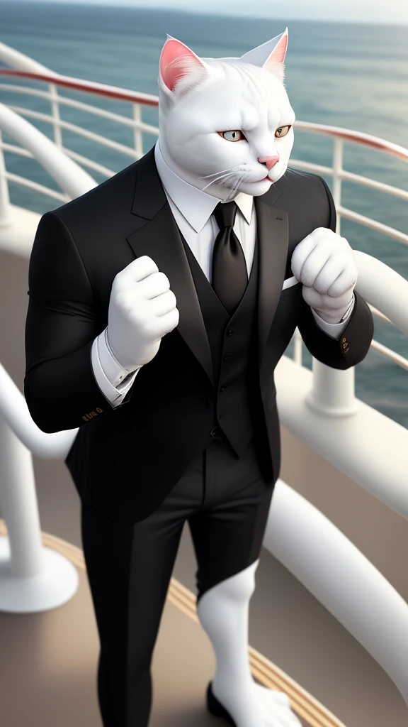 Generate an realistic Anthropomorphic white muscular cat wearing well fitted black suit and tie, standing excitedly near the railing of a cruise ship