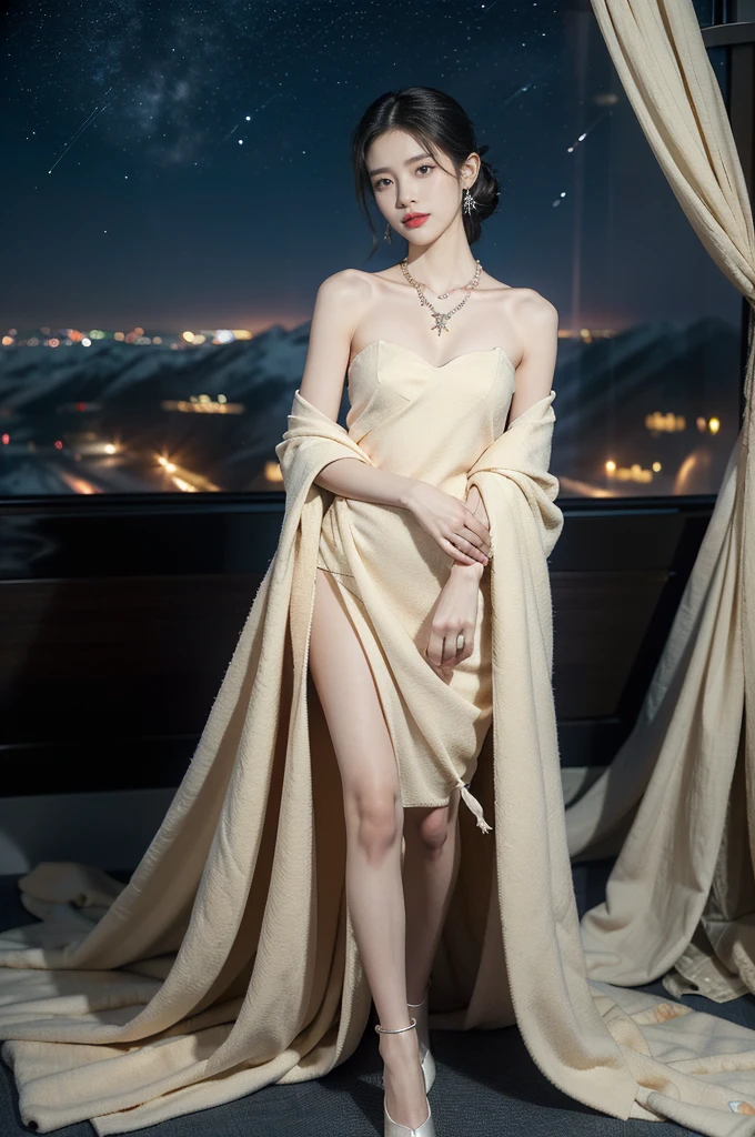 (((best quality))),(((ultra detailed))),(((masterpiece))),illustration,(a beautiful girl,female passenger,solo),(parted red lips),((slim,thin)),((bare back,towering hips,butt crack)),((earrings,crystal necklace)),(slender legs:1.2),summer night,((in airplane,economy class,indoor)),(blanket over shoulders:1.3),((dress)),(shoulder length straight bob hair:1.2),stars,moonlight,smooth flight,engine sound,lullaby,relaxed,excited,laughing,visiting family,comfortable seats,soft fabric,headrests,adjustable,beauty of night sky,dimmed lights,sleeping passengers,movies,personal screens,staying awake,magic of sky,joy of being with family,memorable journey,adventures,(surrounded by crowded crowds:1.3),(Outside the window is high-altitude night view:1.2),((from back,upper body))