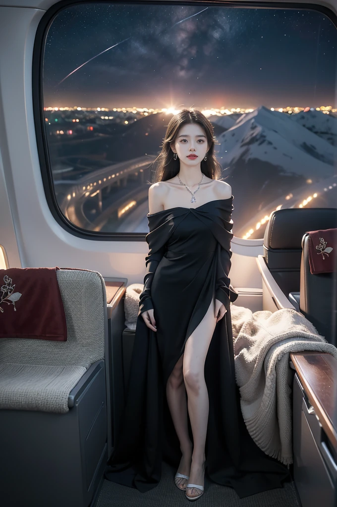 (((best quality))),(((ultra detailed))),(((masterpiece))),illustration,(a beautiful girl,female passenger,solo),(parted red lips),((slim,thin,small breasts,flat chest)),((earrings,crystal necklace)),(slender legs:1.2),summer night,((in airplane,economy class,indoor)),(blanket over shoulders:1.3),((dress)),(shoulder length straight bob hair:1.2),stars,moonlight,smooth flight,engine sound,lullaby,relaxed,excited,laughing,visiting family,comfortable seats,soft fabric,headrests,adjustable,beauty of night sky,dimmed lights,sleeping passengers,movies,personal screens,staying awake,magic of sky,joy of being with family,memorable journey,adventures,(surrounded by crowded crowds:1.3),(Outside the window is high-altitude night view:1.2),((sitting,from front,full body)),(arms behind back:1.3),(spread legs apart:1.3)