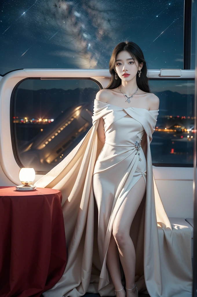 (((best quality))),(((ultra detailed))),(((masterpiece))),illustration,(a beautiful girl,female passenger,solo),(parted red lips),((slim,thin,small breasts,flat chest)),((earrings,crystal necklace)),(slender legs:1.2),summer night,((in airplane,economy class,indoor)),(blanket over shoulders:1.3),((dress)),(shoulder length straight bob hair:1.2),stars,moonlight,smooth flight,engine sound,lullaby,relaxed,excited,laughing,visiting family,comfortable seats,soft fabric,headrests,adjustable,beauty of night sky,dimmed lights,sleeping passengers,movies,personal screens,staying awake,magic of sky,joy of being with family,memorable journey,adventures,(surrounded by crowded crowds:1.3),(Outside the window is high-altitude night view:1.2),((standing,from front,full body)),(arms behind back:1.3)