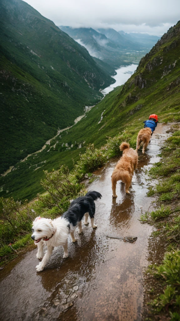 Few dogs climbing mountain in rain