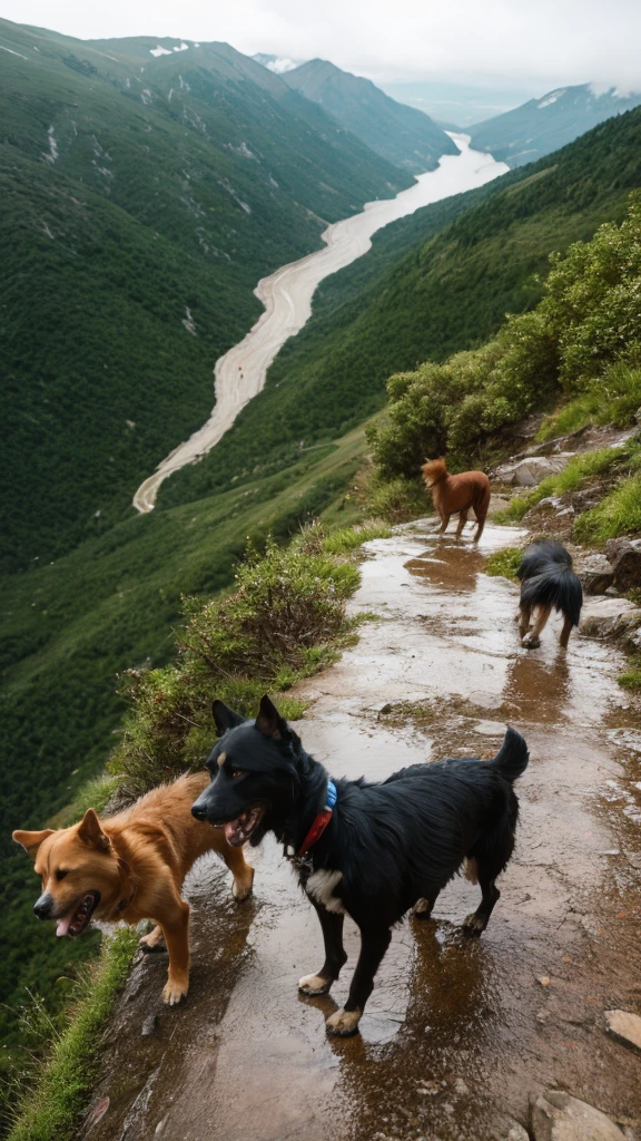 Few dogs climbing mountain in rain