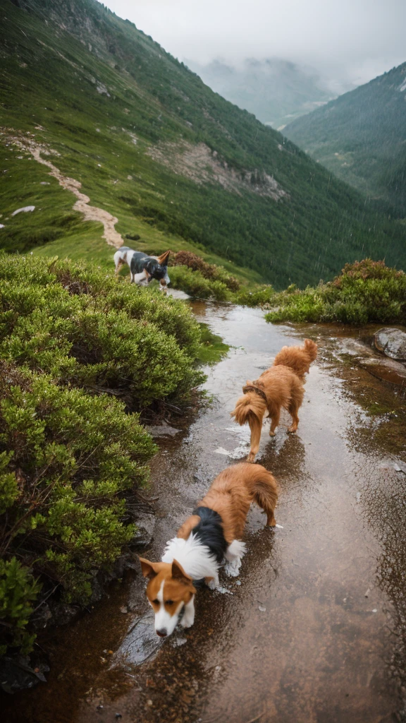 Few dogs climbing mountain in rain