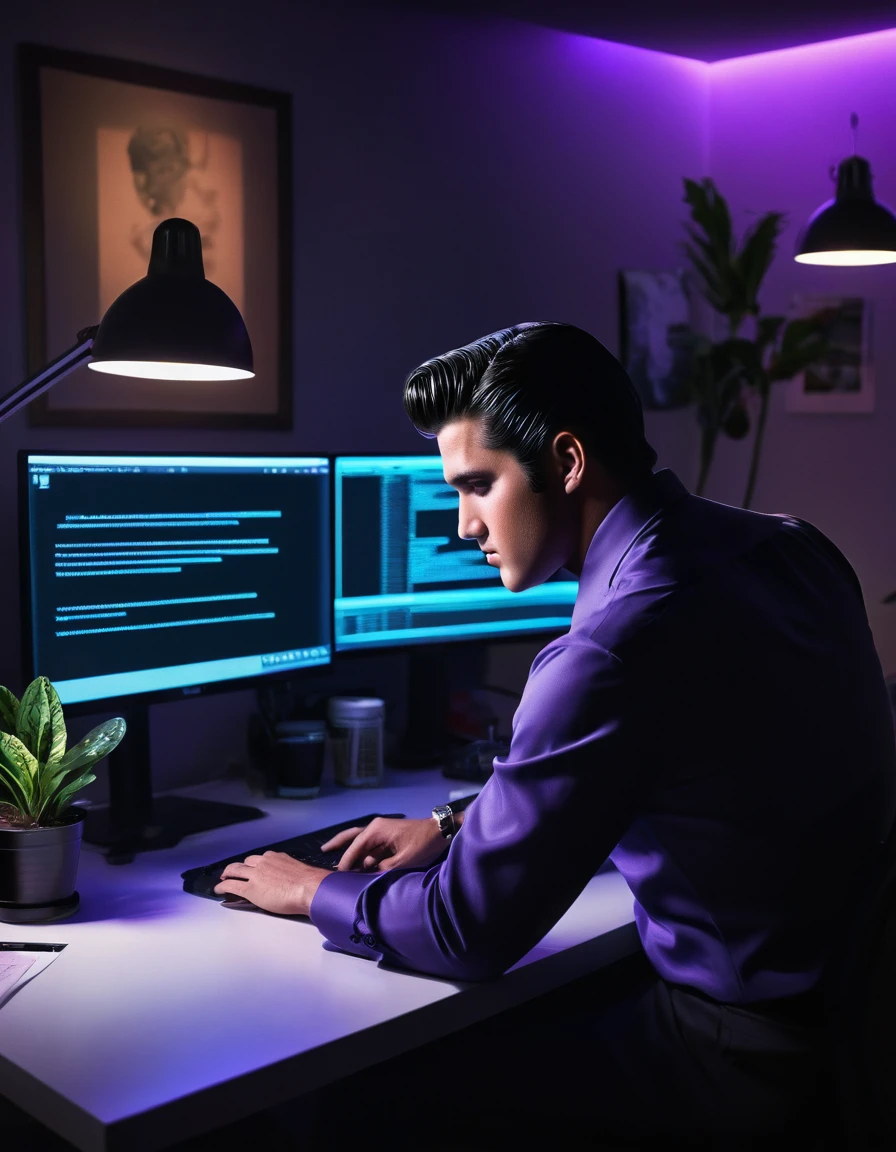 A highly realistic, cinematographically styled scene featuring a young man in his late 20s. He has an Elvis Presley-style pompadour hairstyle and exhibits a mix of Hispanic and Sicilian characteristics. The man is dressed in a black long-sleeved dress shirt, sitting at a modern desk with his back to the camera. He is focused on a large computer monitor, with the soft glow of the screen illuminating his figure. The background consists of a plain wall, enhanced by purple neon/LED strip lighting that emanates from behind the desk and the computer, creating a sophisticated ambiance. The room is modern and dimly lit, filled with subtle details such as stylish desk lamps and a few indoor plants, adding depth and realism to the scene. The overall atmosphere is both professional and creatively stimulating, perfect for capturing the intensity and focus of a young professional at work.