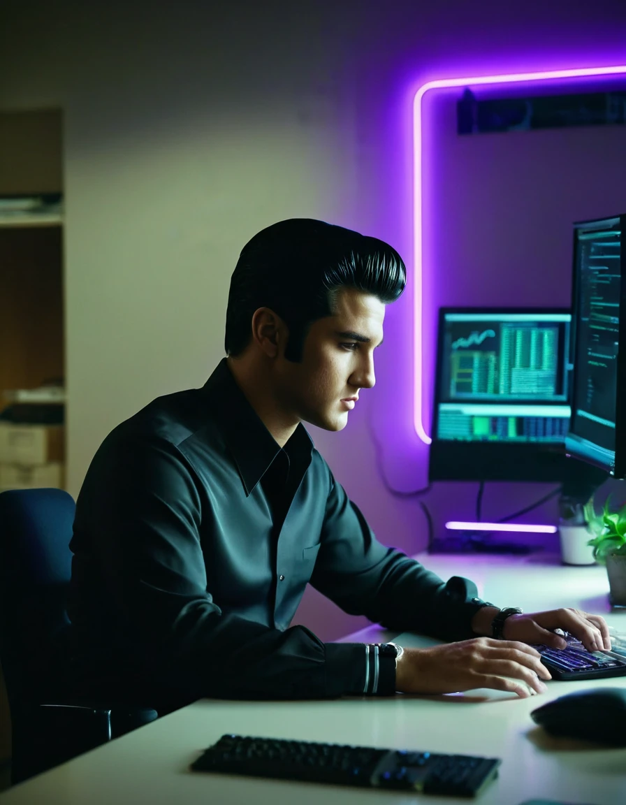 A highly realistic, cinematographically styled scene featuring a young man in his late 20s. He has an Elvis Presley-style pompadour hairstyle and exhibits a mix of Hispanic and Sicilian characteristics. The man is dressed in a black long-sleeved dress shirt, sitting at a modern desk with his back to the camera. He is focused on a large computer monitor, with the soft glow of the screen illuminating his figure. The background consists of a plain wall, enhanced by purple neon/LED strip lighting that emanates from behind the desk and the computer, creating a sophisticated ambiance. The room is modern and dimly lit, filled with subtle details such as stylish desk lamps and a few indoor plants, adding depth and realism to the scene. The overall atmosphere is both professional and creatively stimulating, perfect for capturing the intensity and focus of a young professional at work.