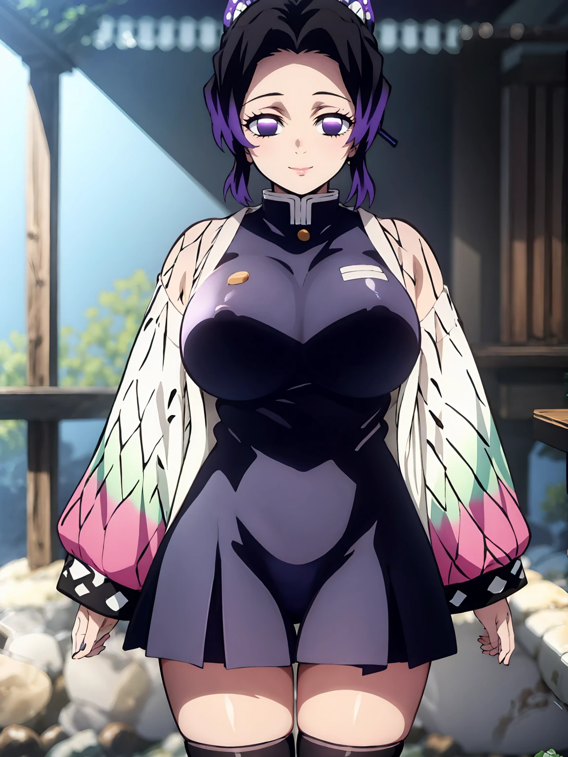 (NSFE), EFT_Shinobu, 1girl, kochou shinobu, demon slayer uniform, butterfly hair ornament, solo, hair ornament, purple hair, multicolored hair, purple eyes, black hair, gradient hair, short hair, sheath, (full body view), long sleeves, empty eyes, parted bangs, jacket, no pupils, bangs, thick thighs, hourglass figure, half naked, Looking at the viewer with seductive eyess, exposed breasts, hard nipples, exposed vagina, best quality, highres, bbyorf, large breasts, off shoulder, black stockings, short skirt, long sleeves, no panties, outdoors,