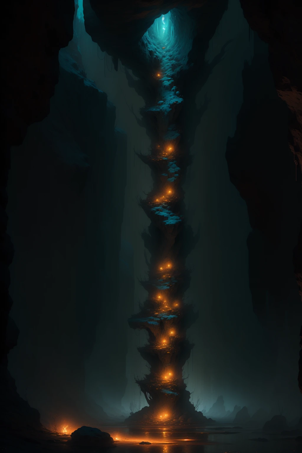 (Best Quality,4k,8k,high resolution, Masterpiece:1.2),ultra detailed, sharp focus,(realist,photorealist,fotorrealista:1.37),extremely fine details, intricate details,vivid colors,intense colours,deep contrast,cinematic depth of field,cinematographic composition,cinematic camera angle(Photography focused on caves with bioluminescent stalactites:1.5 strange giant insects :1.5 .), mine landscape with bioluminescent stalactites, quiet, , minimalist, dark humid environment:1.4 , spiderweb, dusty, Disturbing silence, crumbling walls, dark space, calm colors, mysterious atmosphere, (raw photo, Best Quality, Masterpiece, Fotorrealist, of the highest quality, Maximum image quality, high resolution, 8k, HD:1.2), vibrant,ethereal lighting,sharp focus,ultra detailed,((Extremely detailed 8k unified CG wallpaper)), texturas surrealists y oníricas,magical and mysterious essence,unexplored and undiscovered wonders,sculptural and abstract elements,transcendent composition, visual effects, fotorrealists, digital composition master class