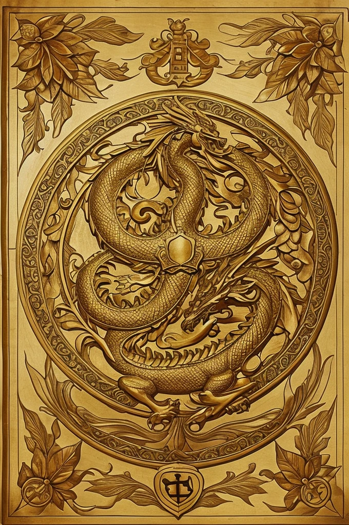 A shield with a golden dragon in the middle, with 14 leaves on each side, with a scroll below
