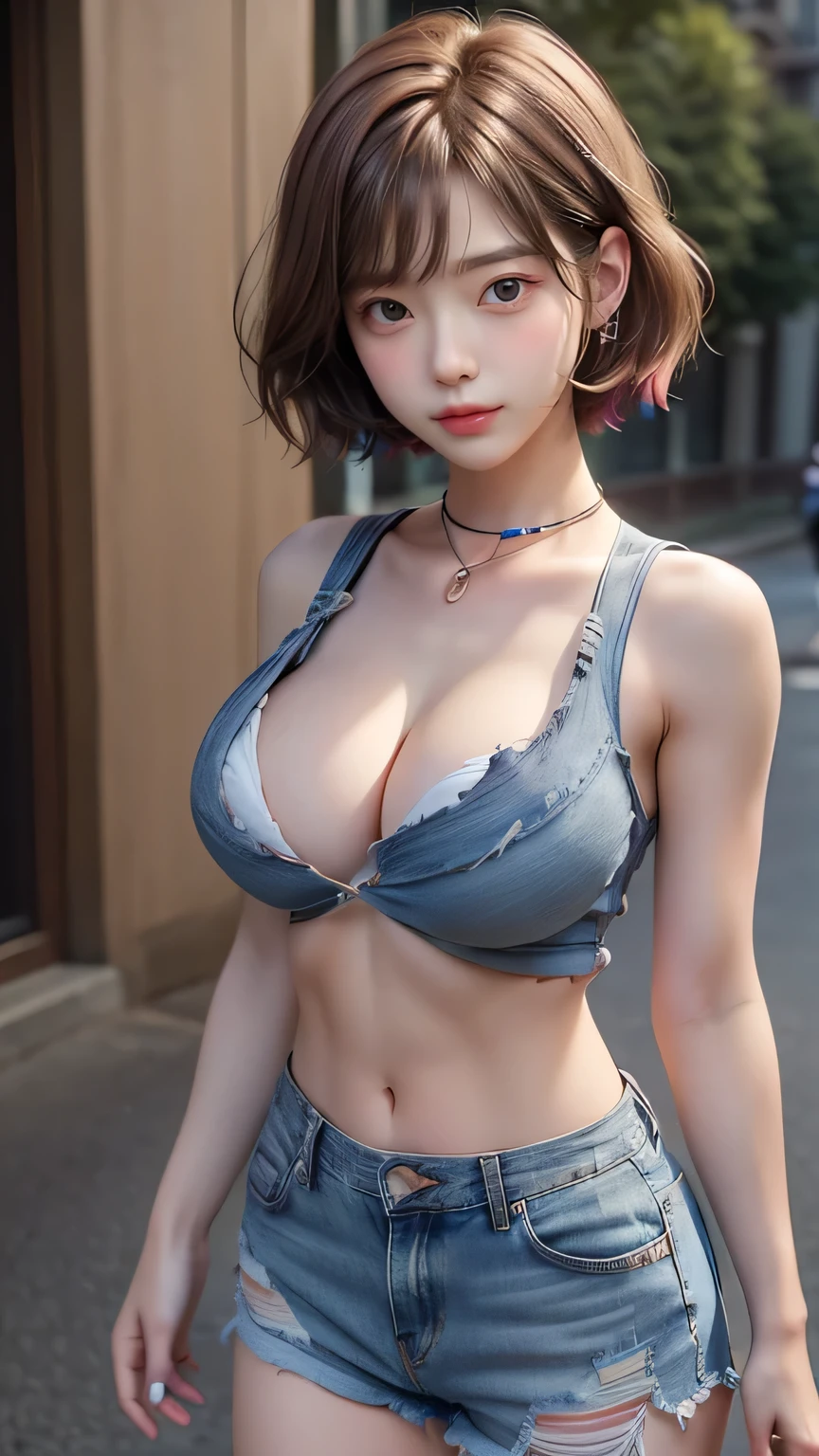 ((large breast, tomboy girl,)), (chiseled abs : 1.1), (perfect body : 1.1), (short wavy hair : 1.2) , auburn hair, collar, chain, full body shot, crowded street, wearing tanktop, jeans jacket, (torn clothes:1.3)((shorts)), (extremely detailed CG 8k wallpaper), (an extremely delicate and beautiful), (masterpiece), (best quality:1.0), (ultra highres:1.0), beautiful lighting ,perfect lightning, realistic shadows, [highres], detailed skin, ultra-detailed (((colorful))),high realistic, ((cleavage perfect))