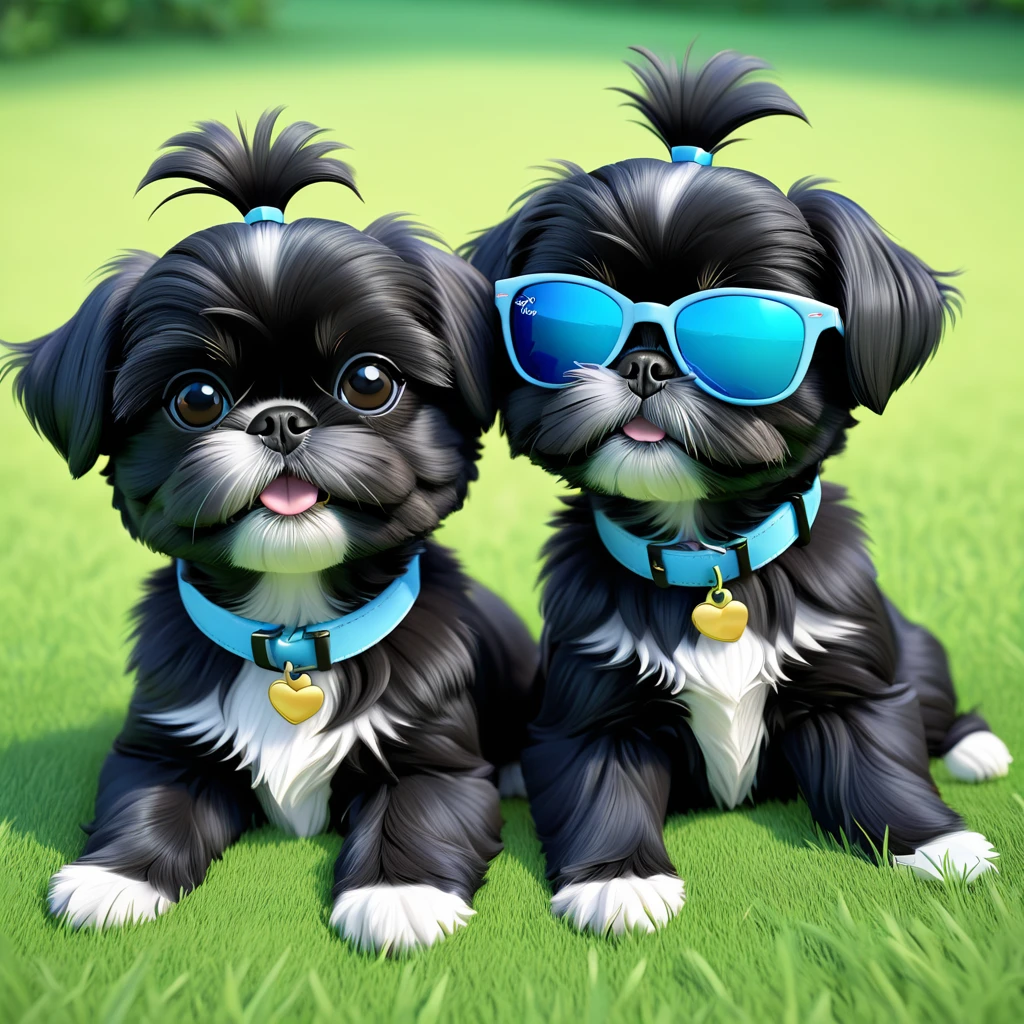 2 Adorable small black Shih Tzu puppies wearing light blue collars and sunglasses, lying on backs in the cool grass, Disney 3d cartoon, 3d render, disney pixar style