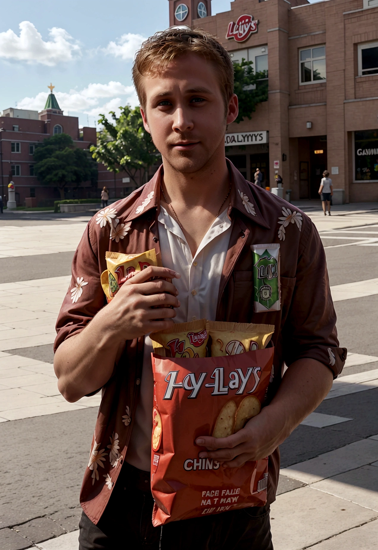 Ryan Gosling on Red Square, in the Hawaiian shirt, holds in his hands a large package of chips "Lay's" with the Taste of Cucumber, Intricate Details, Daylight, High Detail, Shot ON IPhone 15 Pro Max, realistic sizes, correct proportions, correct proportions.