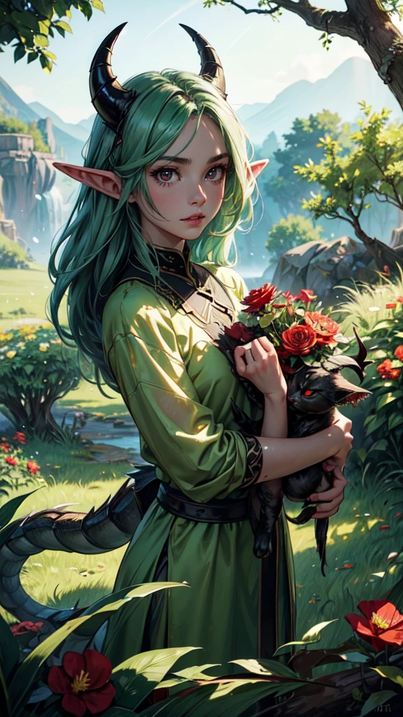 chibidragon, Dal 3, dragon, dragon tail, dragon wings, dragon horns, landscape, nature, Tree, Grass, Dappled light, red eyes, cat eye, slit pupil,detailed eyes, detailed hands, detailed eyes, elf woman, flowers, wet hair, flowers, full body