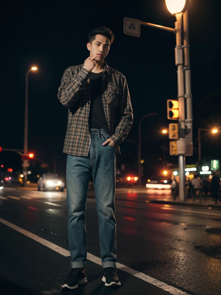 1 men, full body, flanel, night, traffic signlights, ultra detail, ultra resolution