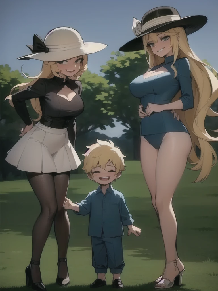 two sexy women in sunhats looking down at boy with blonde hair, looking at camera, seductive smiles, various hairstyles for women, boy is laughing, women have opened mouths moaning