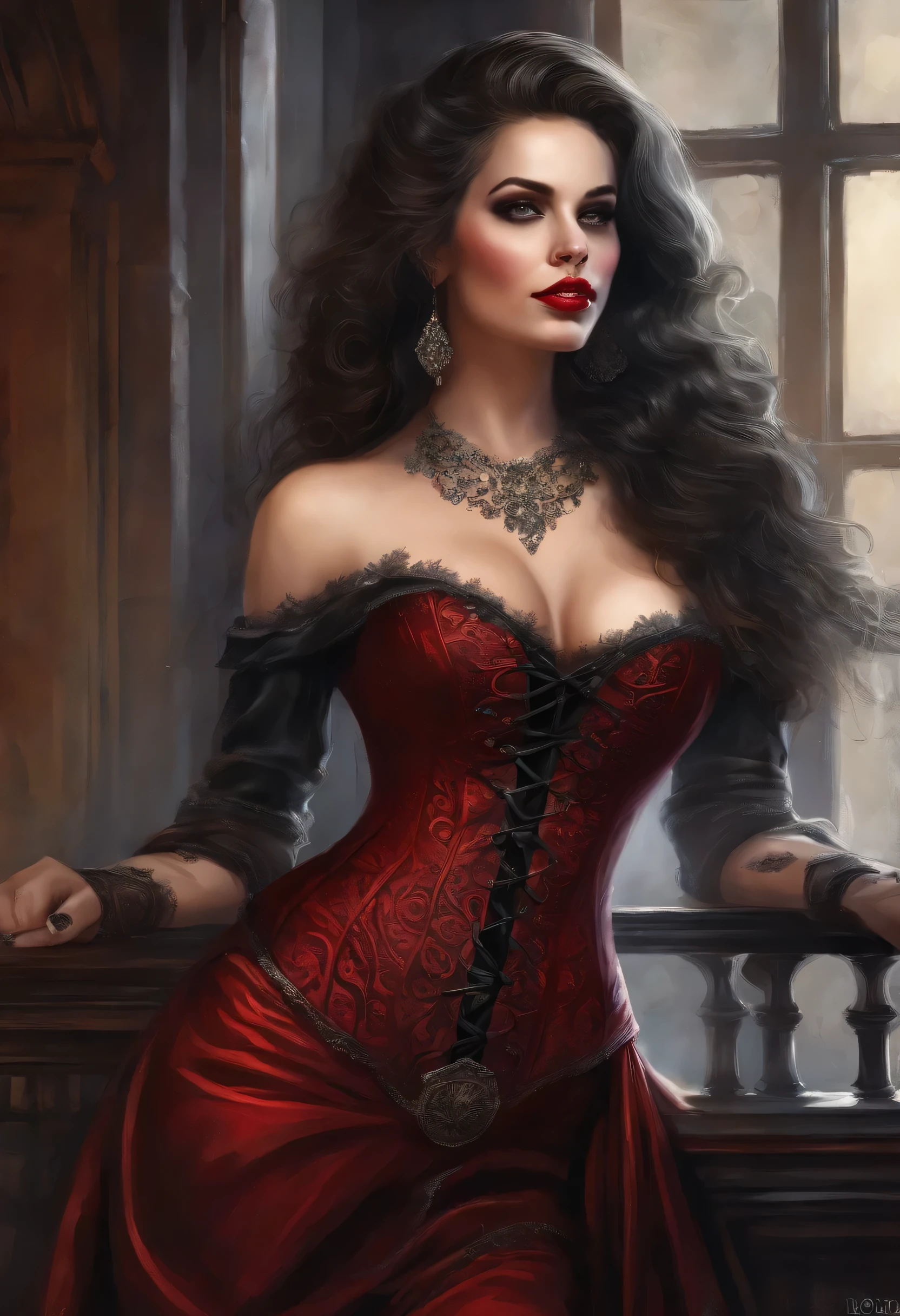 (masterpiece, top quality, best quality, official art, beautiful and aesthetic:1.2), (1girl:1.3), long and curly dark brown hair, ((extravagant updo)), Victorian style, extremely detailed, portrait, looking at viewer, solo, (full body:0.6), detailed background, close up, mischievous eyes, (cold midnight castle theme:1.1), extremely busty vampire, long fangs, blood on chin, huge lips, charlatan, smirk, mysterious, being seductive on a balcony, revealing gothic dress, lace, extremely tight bodice, black attire, red skirts, off shoulder, long sleeves, loose sleeves, black leather, cloak, corset, black dress, fishnets, thigh high black boots, buckles, straps, pouches, glowing blood magic energy, dark red fabric, silver trim, black leather, gigantic breasts, cleavage, skindentation, slim waist, slim hips, long legs, medieval (gothic castle exterior:1.1) background, nighttime, dark mysterious lighting, shadows, magical atmosphere, dutch angle