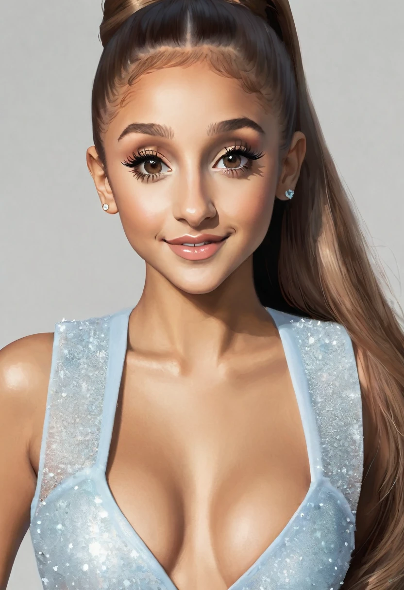 whole body,1 Girl. Ariana Grande&#39;s face. long_twintails, Bright white，Shows that she is a cybergirl holding a laser rifle. White eyebrows. Clothing such as a bodysuit. She also has a pair of bright blue eyes. The environment is like a terminator. The hair is platinum blonde. One side of her face is illuminated by bright blue.  Both hands also have LED lights.