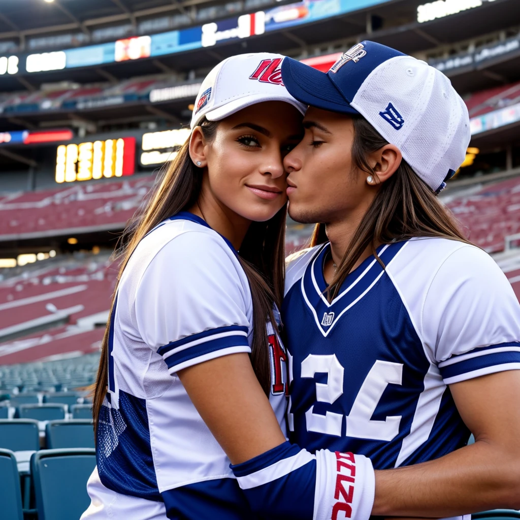 Stud and female hugging and kissing each other wearing matching jerseys, with matching hats, in the stadium 