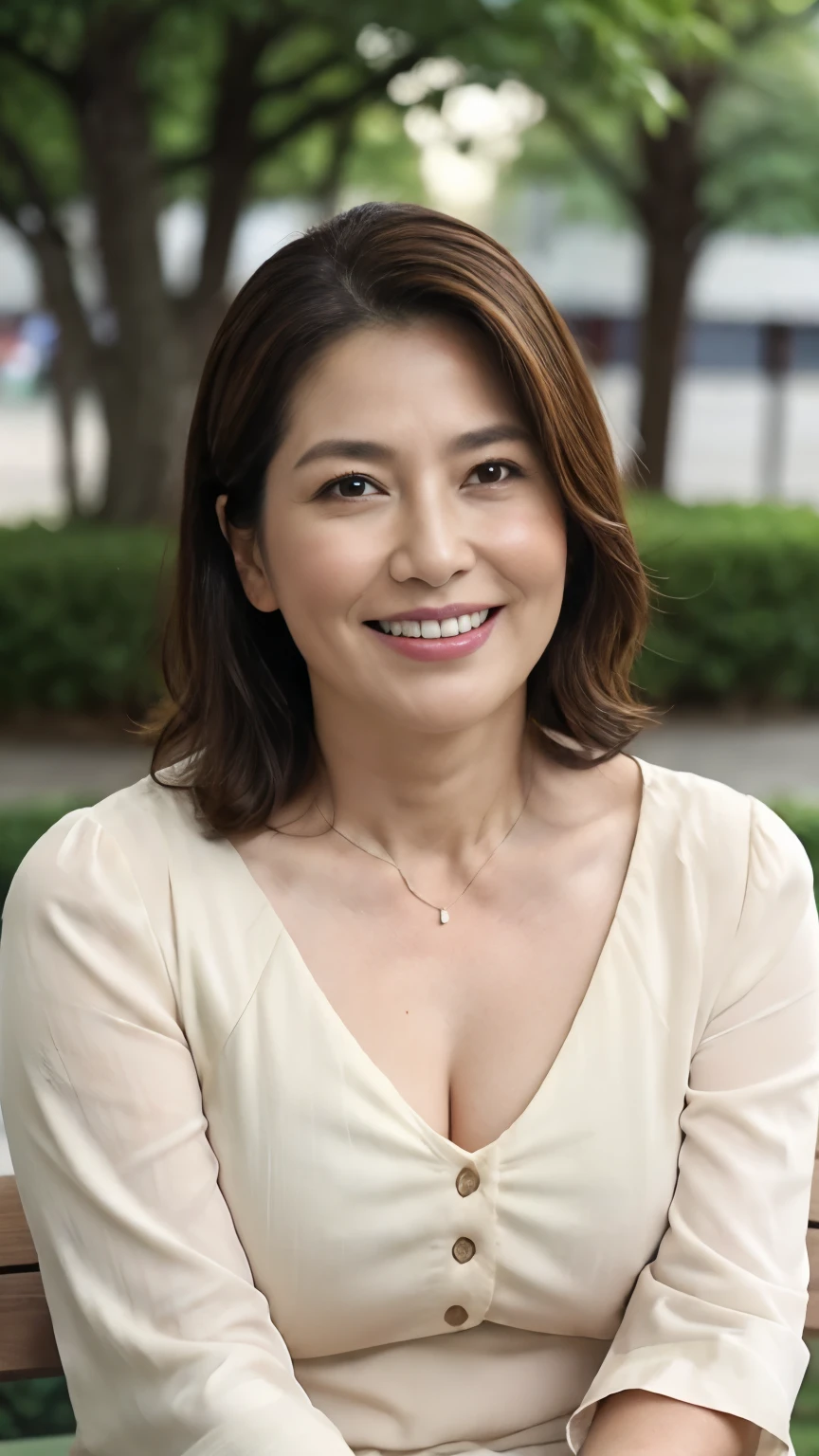 8k wallpaper, masterpiece, Highest quality, Super detailed, One Mature Woman, 50 years old, Become very clear, Wearing a short-sleeved blouse, Skin dents, Captivating smile, Looking at the audience, Cleavage, plump, Curvaceous, Fascinating face, Smiling with teeth showing, Wrinkles around the eyes, Sitting on a park bench, Background Blur